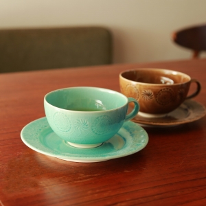 Stampペアカップ&ソーサー(Blue×Brown)