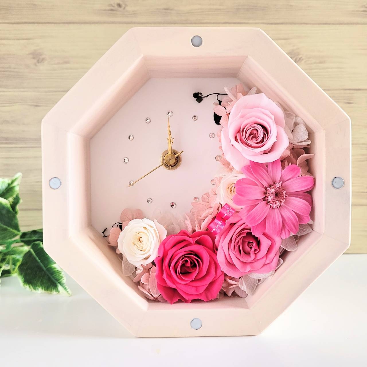 花時計プリザーブドフラワー置き掛け兼用八角形時計 ピンク