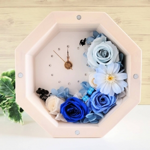 【花時計】プリザーブドフラワー置き掛け兼用八角形時計 ブルー