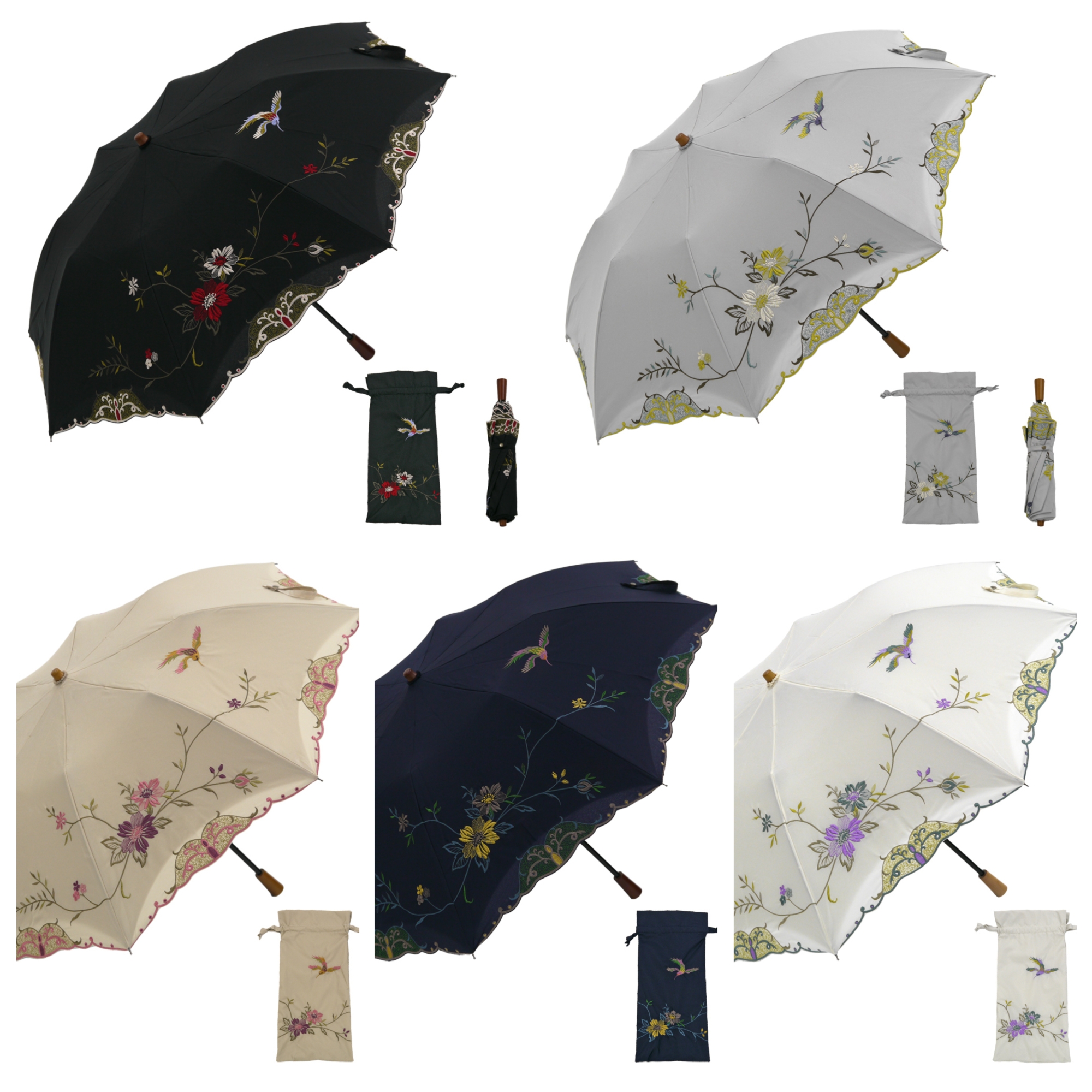 女優日傘 花鳥刺繍かわず張りショート折りたたみ日傘