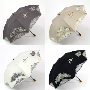 花鳥オーガンジーカットワーク刺繍かわず張りショート折りたたみ日傘