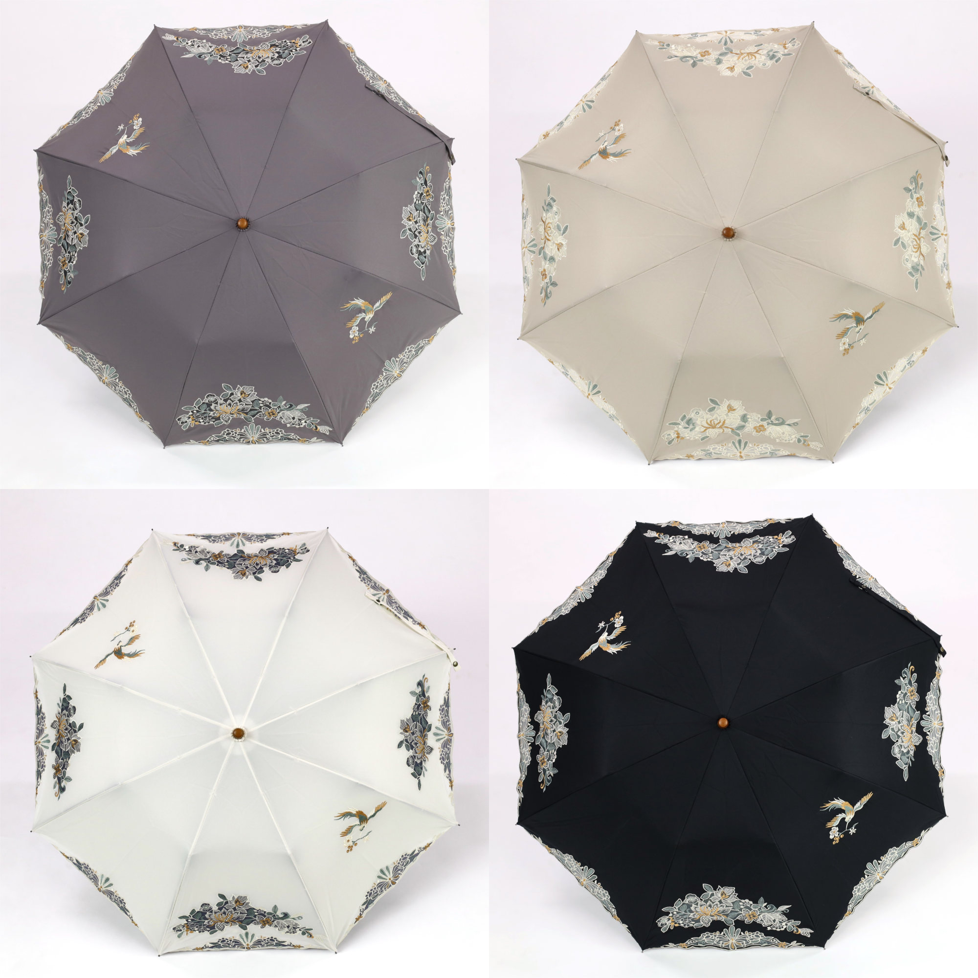 花鳥オーガンジーカットワーク刺繍かわず張りショート折りたたみ日傘