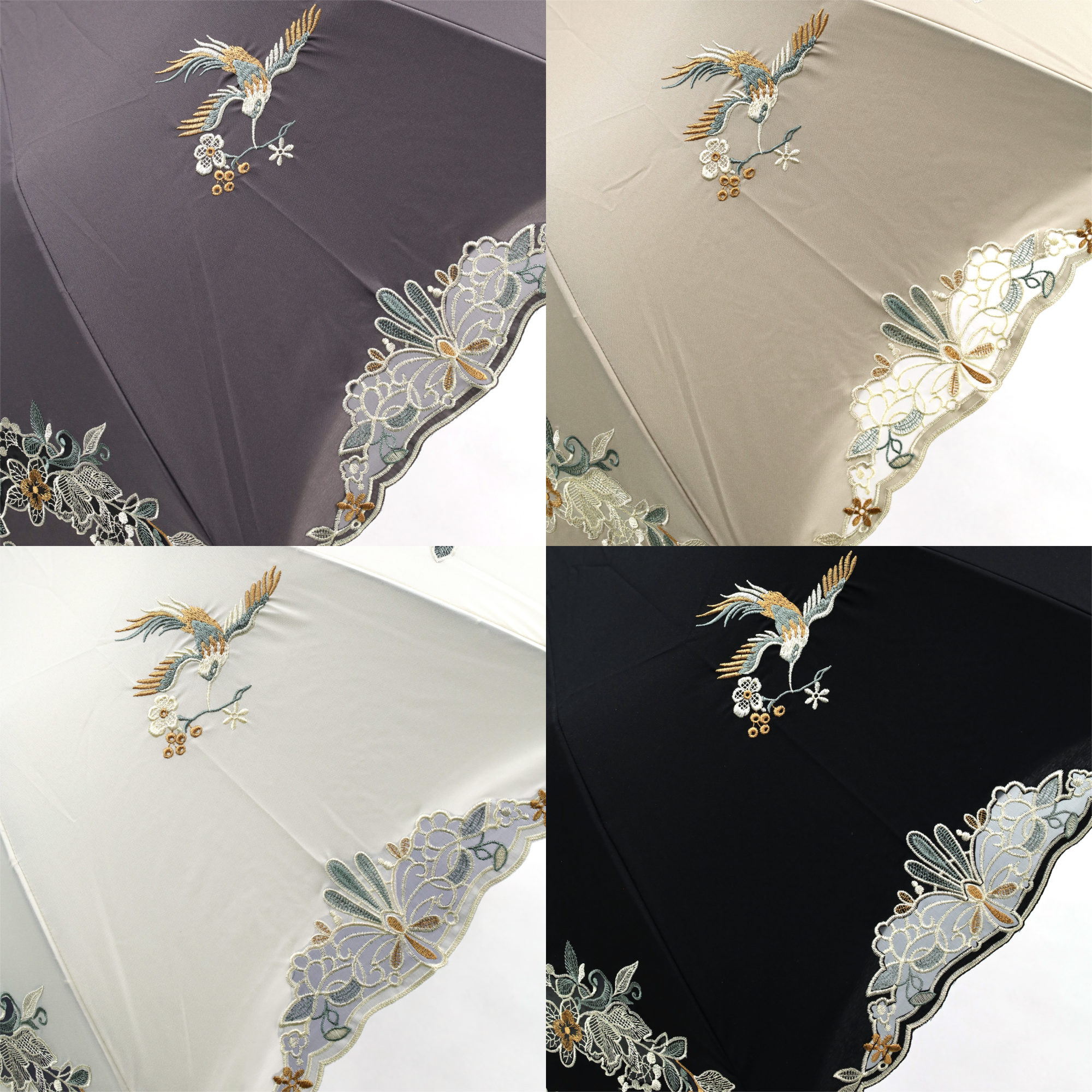 花鳥オーガンジーカットワーク刺繍かわず張りショート折りたたみ日傘