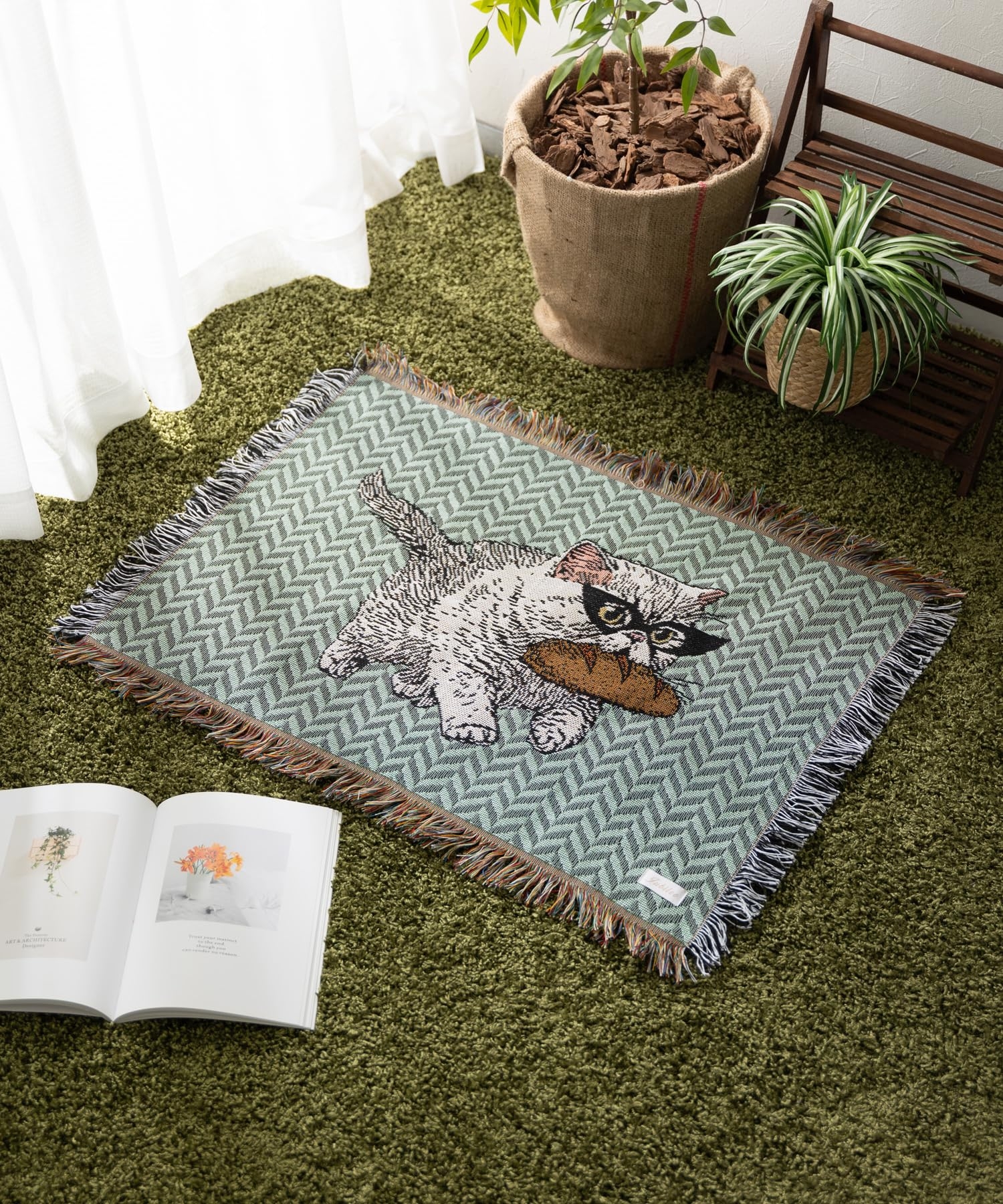 Jubilee ジャガード織 猫柄 ラグマット スローケット 50x70cm コットン
